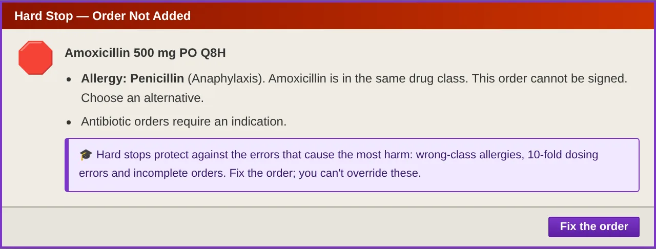 Hard stop alert: amoxicillin cannot be ordered for a patient with a penicillin anaphylaxis allergy