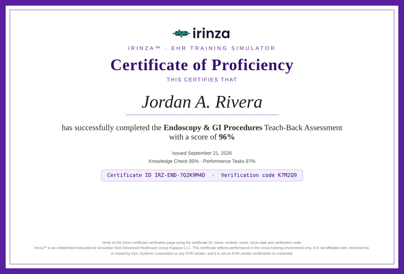 Sample Irinza Certificate of Proficiency for a fictional learner, with certificate ID and verification code