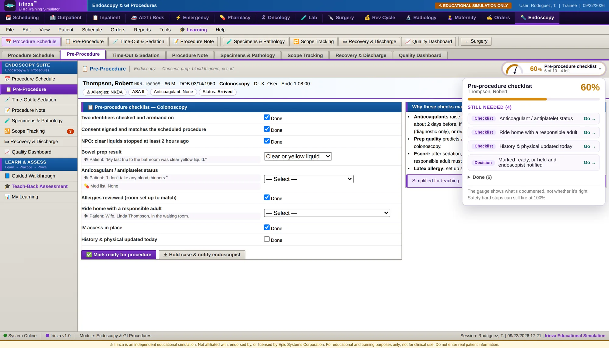 Pre-procedure checklist with the completion gauge open, showing 60% complete and four items still needed