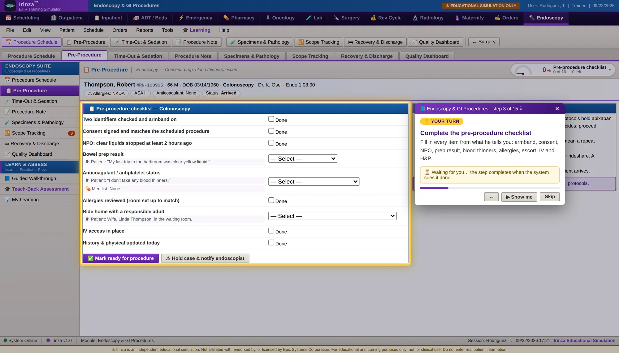 Guided walkthrough card asking the learner to complete the pre-procedure checklist
